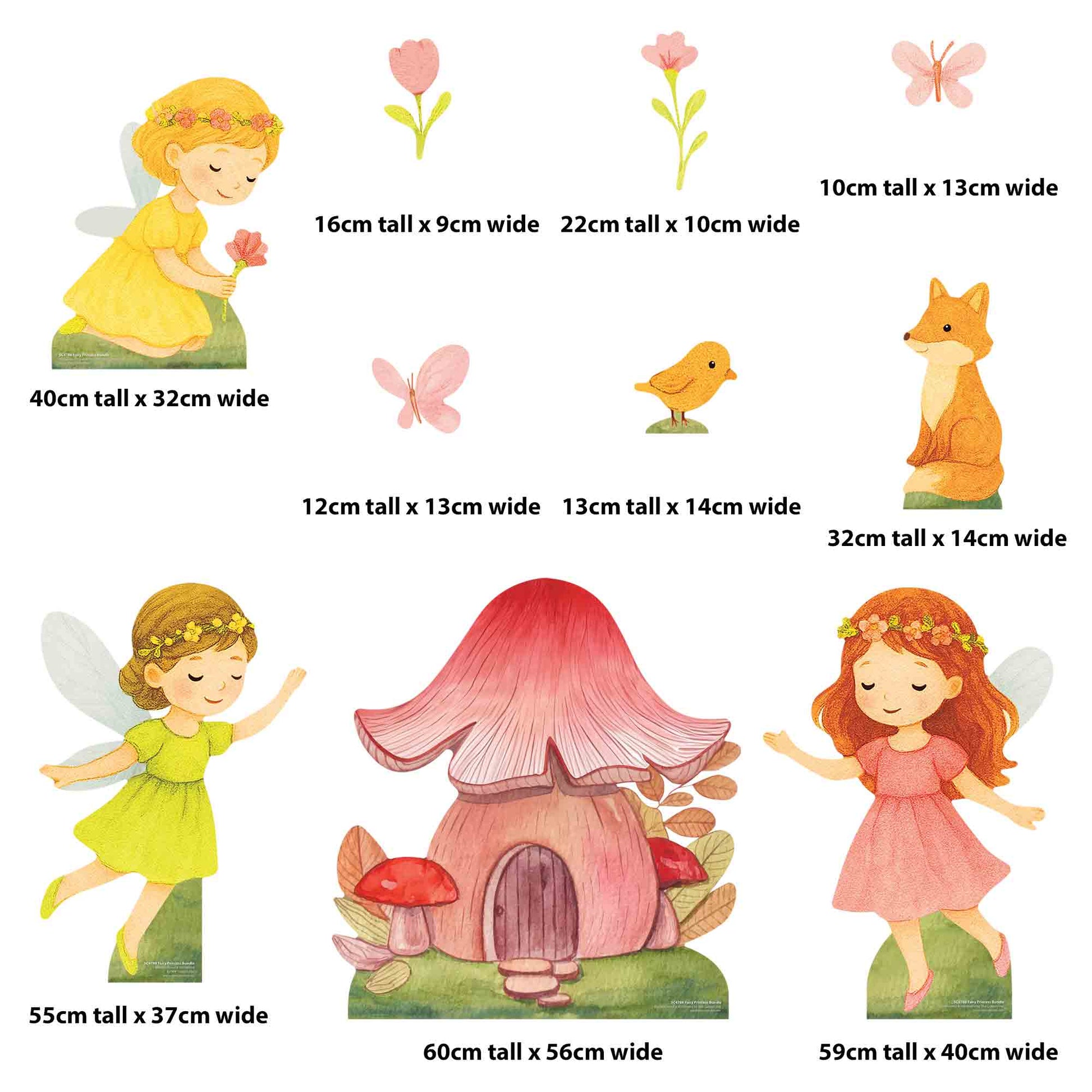 Set of fairy-themed wall stickers with dimensions displayed. Fairy princess cardboard cutout bundle for children’s bedroom or party display (SC4788)