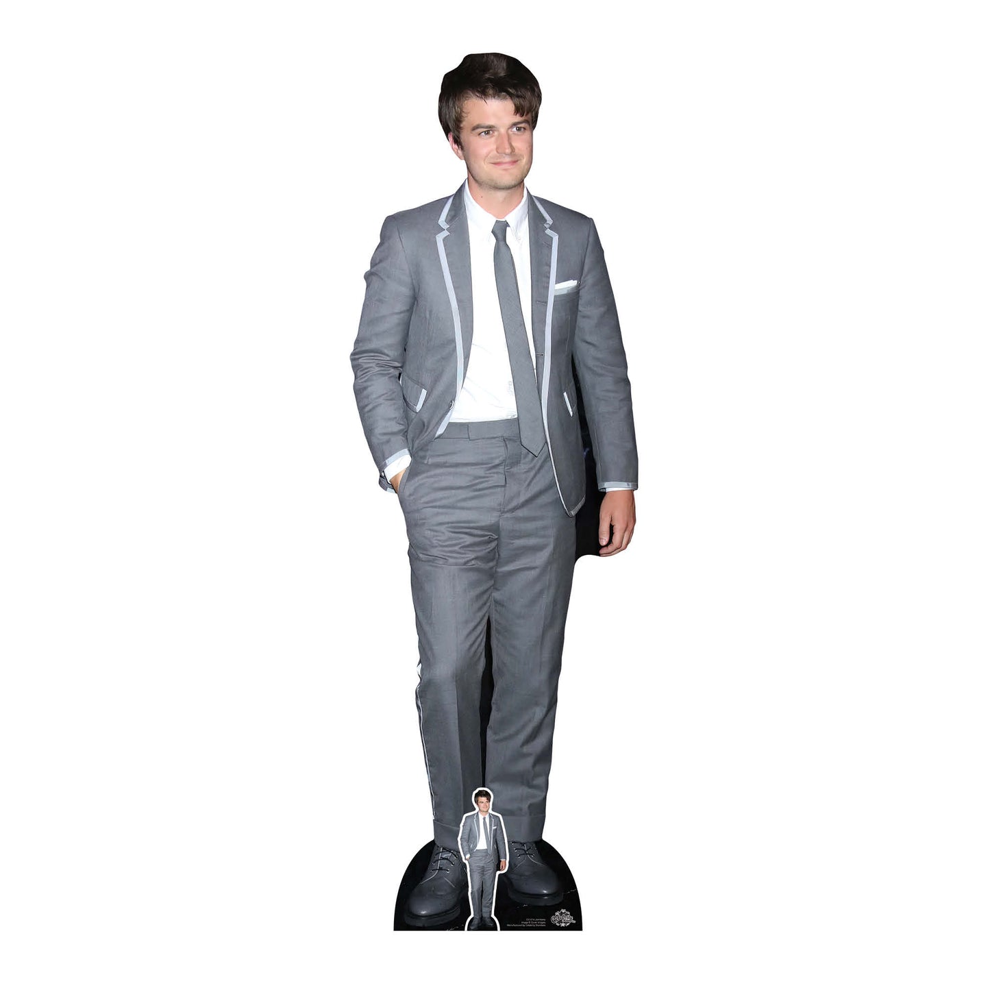 A cardboard cutout of an actor wearing a grey suit, promoting the Netflix series 'Stranger Things'.