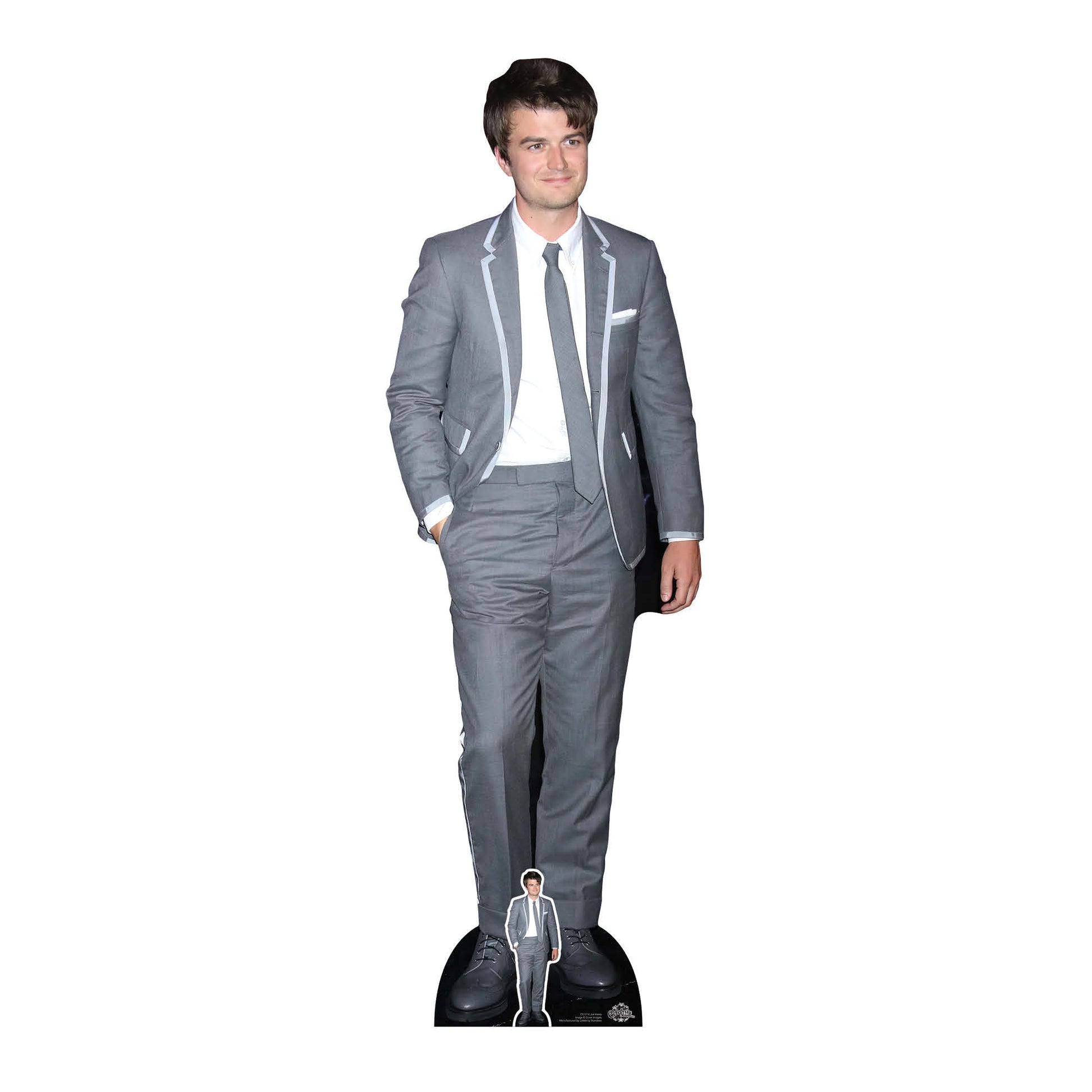 A cardboard cutout of an actor wearing a grey suit, promoting the Netflix series 'Stranger Things'.