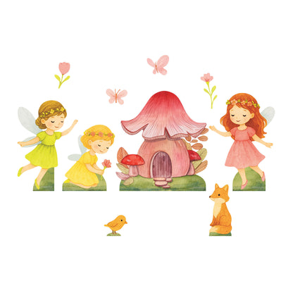 Illustration of fairies and a mushroom house on a white background